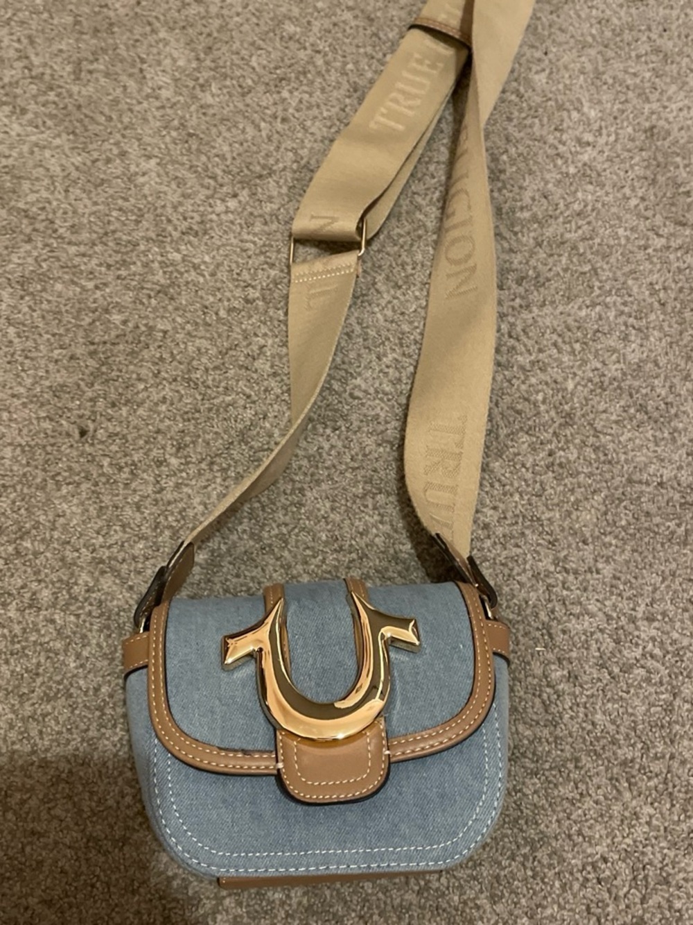 True Religion Light Blue Denim Crossbody with Tan Trim and Gold Hardware
